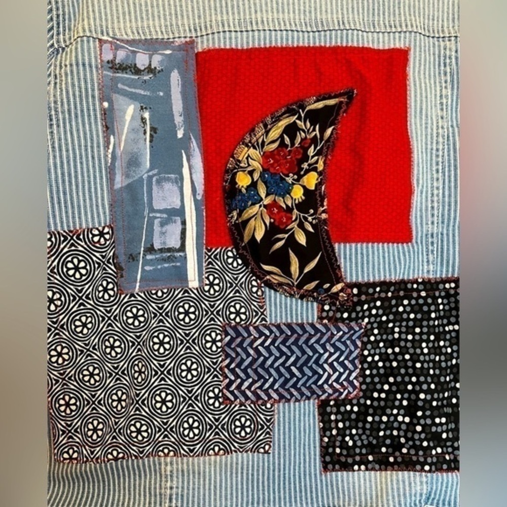 Handmade OOAK Upcycled Blue Flower Moon Celestial Wabi Sabi Patch Denim Jacket 5 - Picture 2 of 12